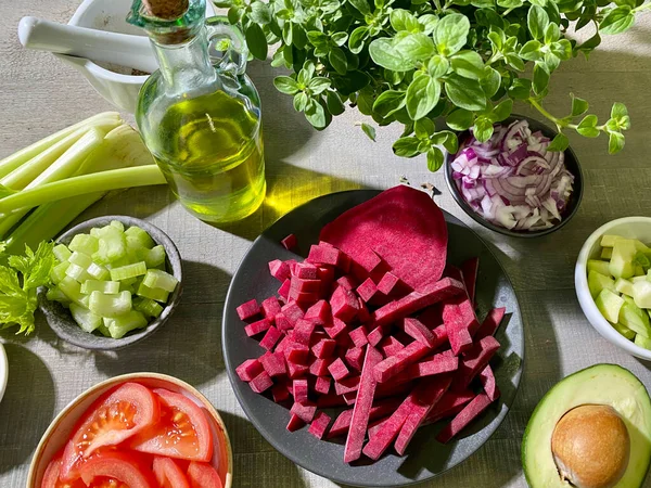 Various Fresh Raw Vegetables Making Vegan Food Kitchen Table Top — Stock Photo, Image