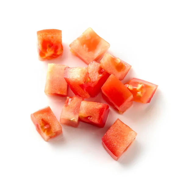 Fresh Raw Tomato Cubes Isolated White Background Top View — Stock Photo, Image