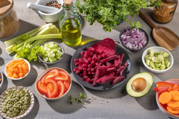 Various Fresh Raw Vegetables Making Vegan Food Kitchen Table Top — Stock Photo, Image