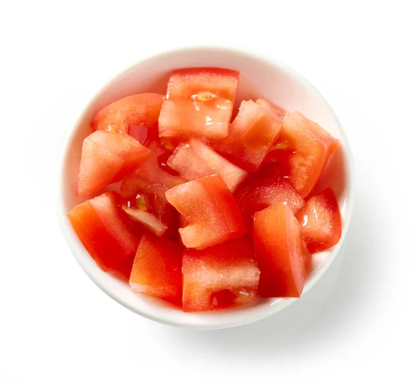 Fresh Raw Chopped Tomato Bowl Isolated White Background Top View — Stock Photo, Image
