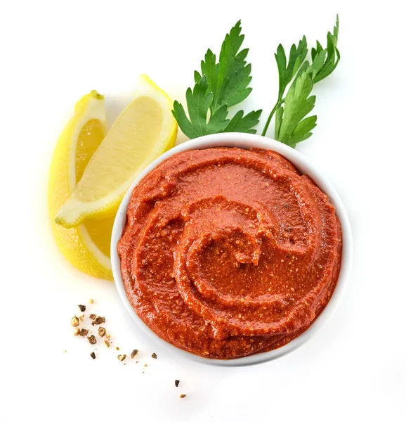 Schüssel Mit Tomaten Paprika Dip Sauce Griechischen Stil Isoliert Auf — Stockfoto