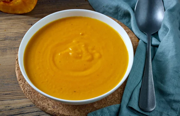 Bowl Pumpkin Cream Soup Kitchen Table — Stock Photo, Image