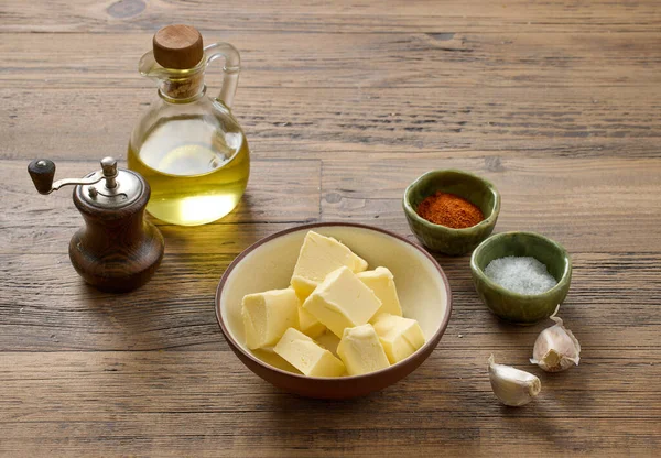 Manteiga Especiarias Mesa Cozinha Madeira — Fotografia de Stock