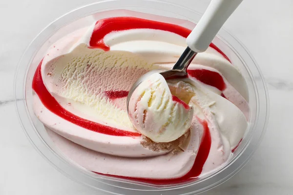 box of strawberry and vanilla ice cream, top view