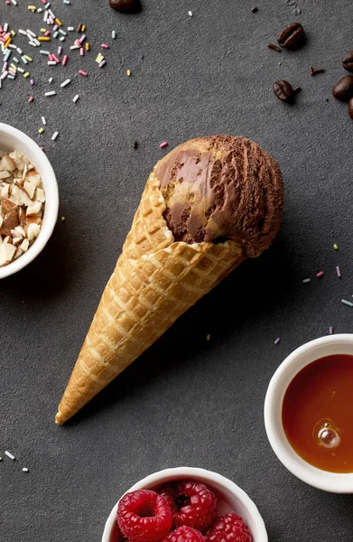 Caramel Chocolate Ice Cream Waffle Cone Dark Grey Background Top — Stock Photo, Image