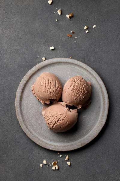 Plate Chocolate Ice Cream Balls Grey Background Top View — Stock Photo, Image