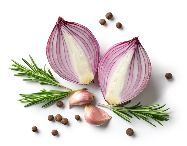 Composition Red Onion Spices Isolated White Background Top View — Stock Photo, Image