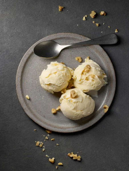 Plate Vanilla Ice Cream Decorated Walnuts Grey Background Top View — Stok fotoğraf