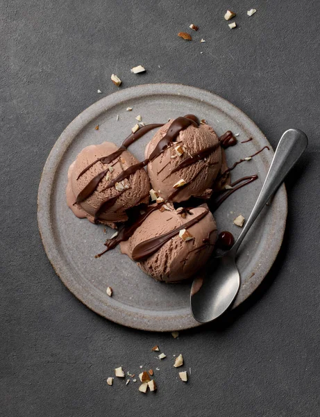 Plate Chocolate Ice Cream Decorated Melted Chocolate Grey Table Top — Stock Photo, Image