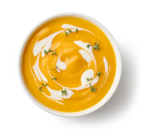 白地に隔離された野菜クリームスープの器トップビュー — ストック写真
