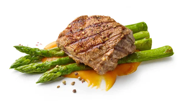 Freshly Grilled Pork Fillet Steak Asparagus Isolated White Background — Stock fotografie