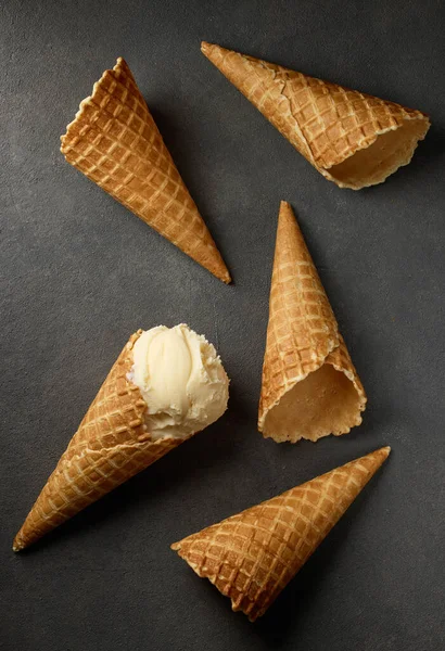 Vanilla Ice Cream Waffle Cones Dark Grey Background Top View — Stock Photo, Image