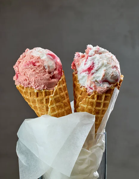 Vanilla Strawberry Ice Cream Waffle Cones Grey Background — Stock Photo, Image