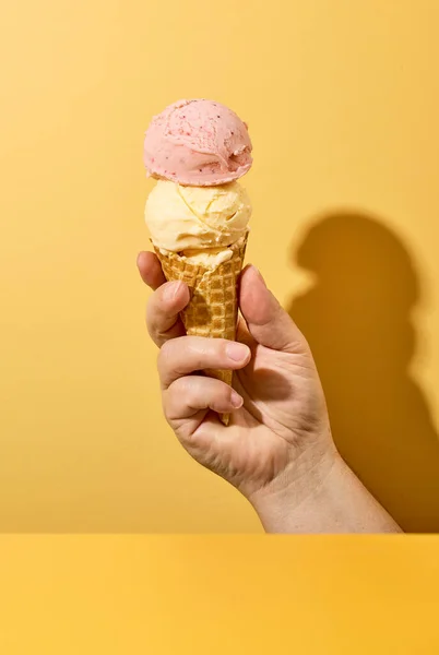 Ice Cream Human Hand Yellow Background — Φωτογραφία Αρχείου