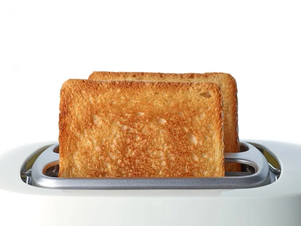toasted bread slices in toaster on white background
