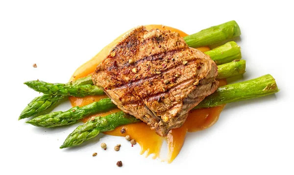 Pork Fillet Steak Fried Asparagus Isolated White Background — Stock Photo, Image