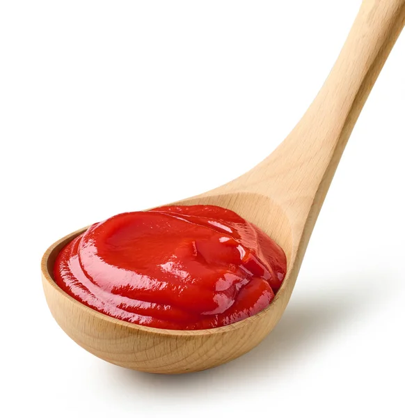 Tomatensauce Ketchup Holzlöffel Isoliert Auf Weißem Hintergrund — Stockfoto