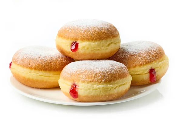 Vers Gebakken Gelei Donuts Witte Plaat Geïsoleerd Witte Achtergrond — Stockfoto