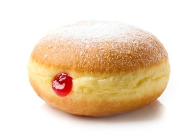 Beyaz arka planda izole edilmiş taze pişmiş jöleli çörek.