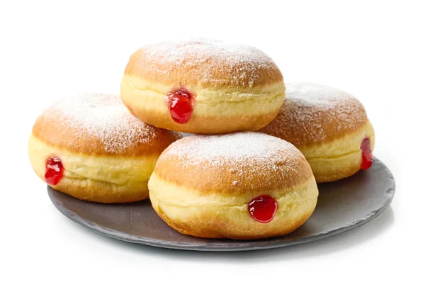Freshly Baked Jelly Donuts Black Plate Isolated White Background — Stock Photo, Image