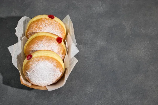 Freshly Baked Take Away Jelly Donuts Dark Grey Background — Stock Photo, Image
