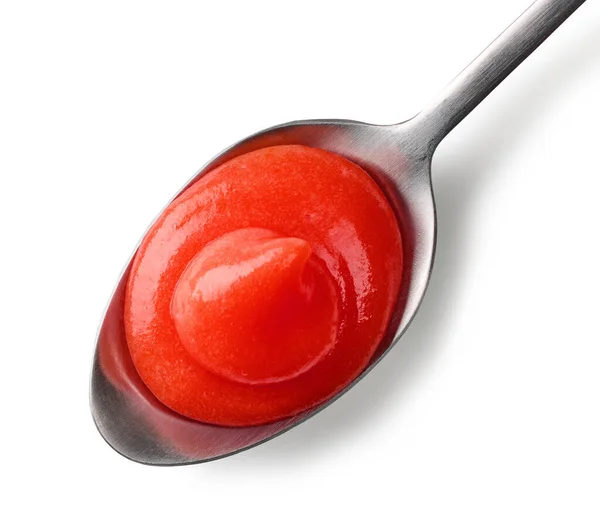 Ketchup Tomate Una Cuchara Aislada Sobre Fondo Blanco Vista Superior — Foto de Stock