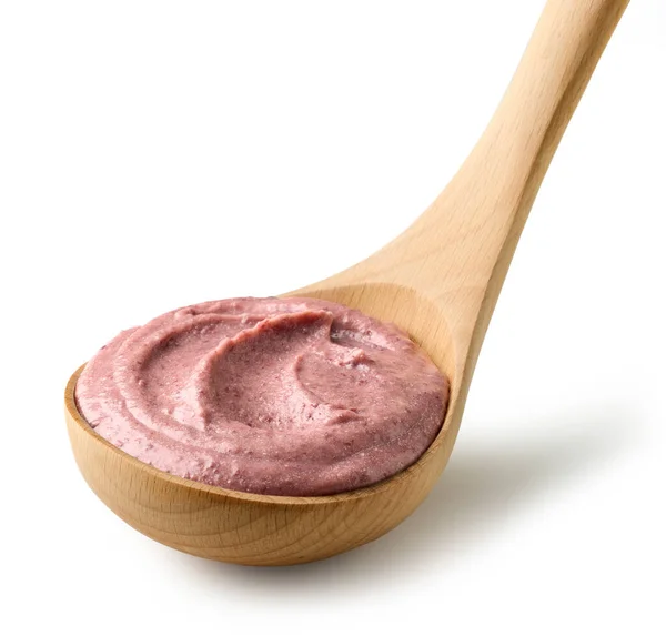 Mosade Röda Bönor Hummus Trä Slev Isolerad Vit Bakgrund — Stockfoto