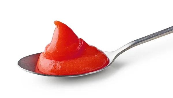 Purè Ketchup Pomodoro Cucchiaio Isolato Fondo Bianco — Foto Stock
