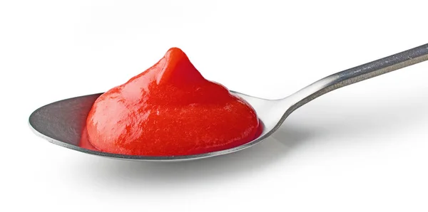 Purê Ketchup Tomate Uma Colher Isolada Fundo Branco — Fotografia de Stock