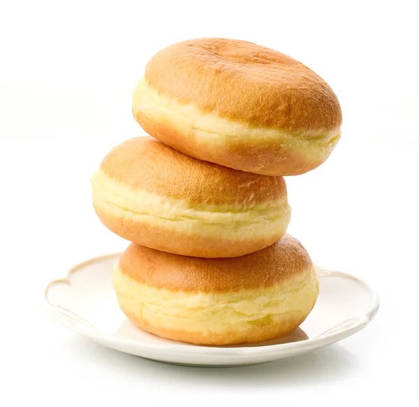 Стопка Свежеиспеченных Пончиков Желе Белой Тарелке Белом Фоне — стоковое фото
