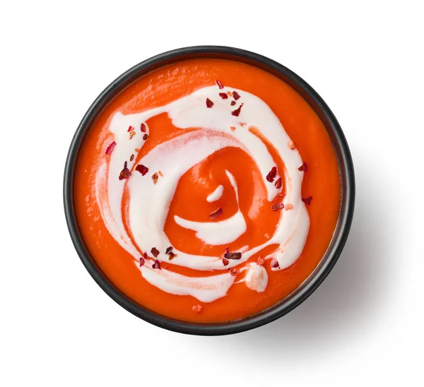 Tazón Sopa Crema Tomate Decorado Con Copos Chile Aislados Sobre —  Fotos de Stock