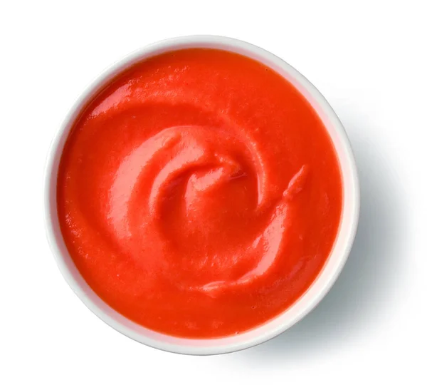 Castron Ketchup Roșu Sos Roșii Izolat Fundal Alb Vedere Sus — Fotografie, imagine de stoc