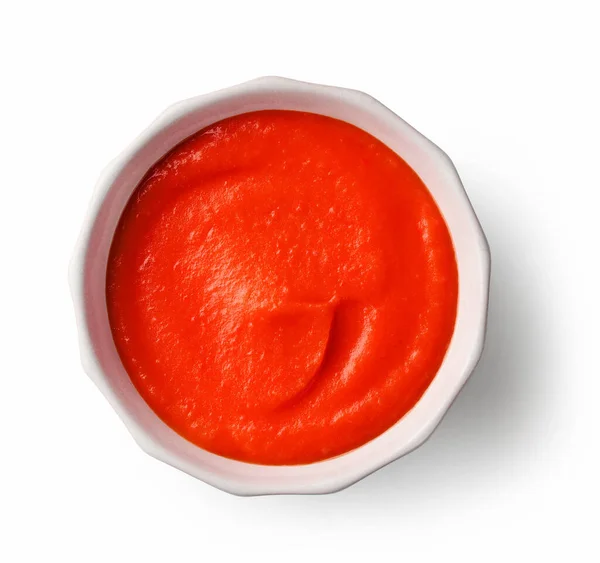 Tál Piros Paradicsom Szósz Ketchup Elszigetelt Fehér Alapon Felső Nézet — Stock Fotó