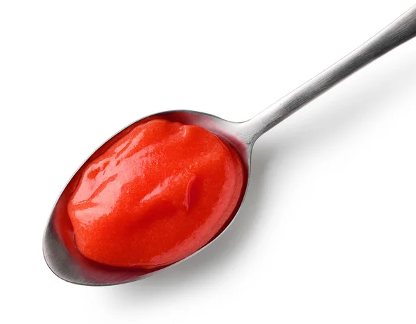 Purê Ketchup Tomate Uma Colher Isolada Fundo Branco Vista Superior — Fotografia de Stock