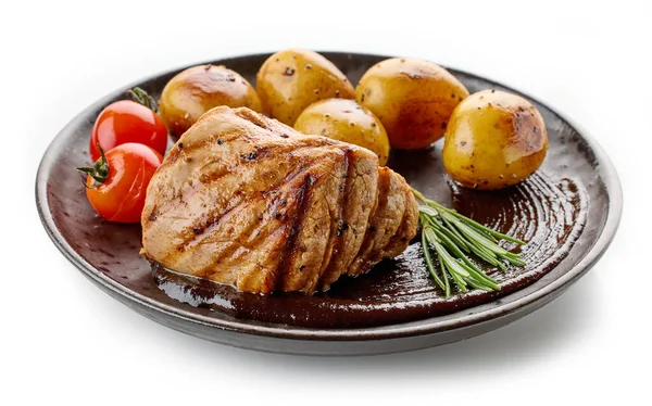 Plate Freshly Grilled Pork Fillet Steak Potatoes Isolated White Background — Stock Photo, Image