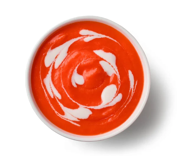Tigela Sopa Creme Tomate Isolado Fundo Branco Vista Superior — Fotografia de Stock