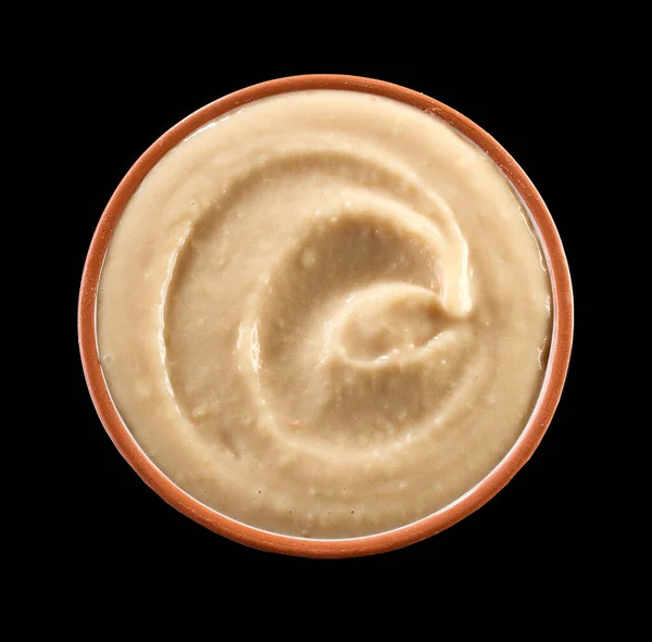 Kom Van Hummus Geïsoleerd Zwarte Achtergrond Bovenaanzicht — Stockfoto