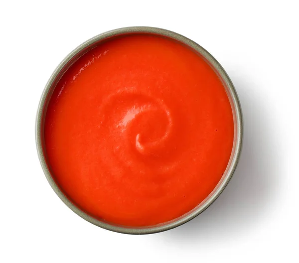 一碗红色番茄酱番茄酱 白色背景 顶部视图 — 图库照片