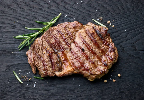 Freshly Grilled Beef Entrecote Steak Black Wooden Board Top View — Stock Photo, Image