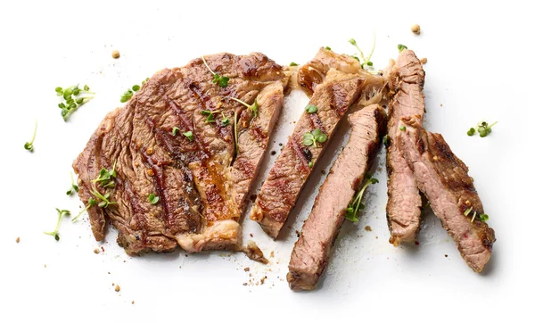 Färskt Grillat Nötkött Entrecote Steak Isolerad Vit Bakgrund Ovanifrån — Stockfoto
