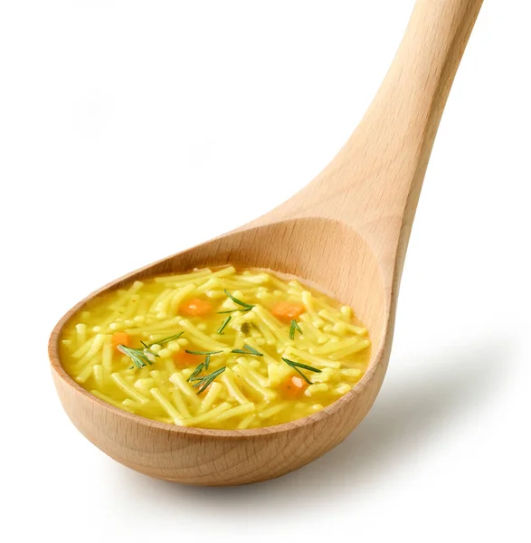 Chicken Noodles Vegetable Soup Wooden Ladle Isolated White Background — Stock Photo, Image