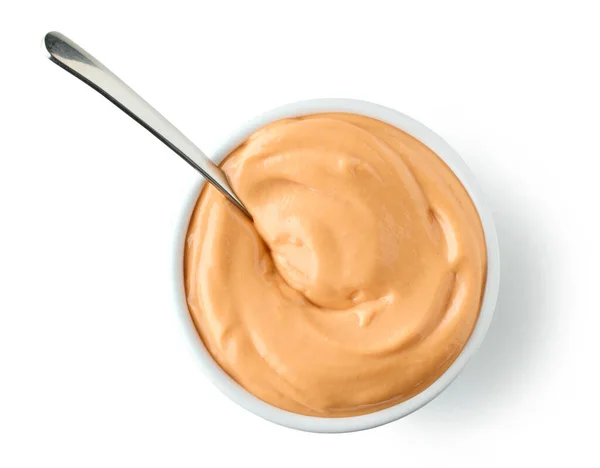 Kom Ketchup Mayonaise Saus Geïsoleerd Witte Achtergrond Bovenaanzicht — Stockfoto