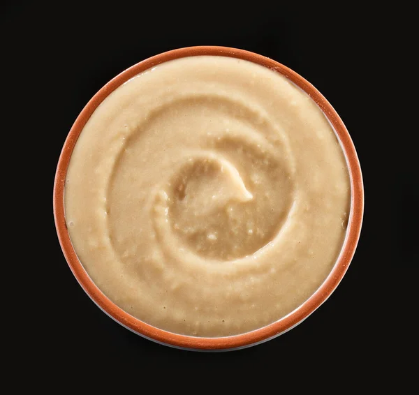 Bowl Hummus Isolated Black Background Top View — Stock Photo, Image