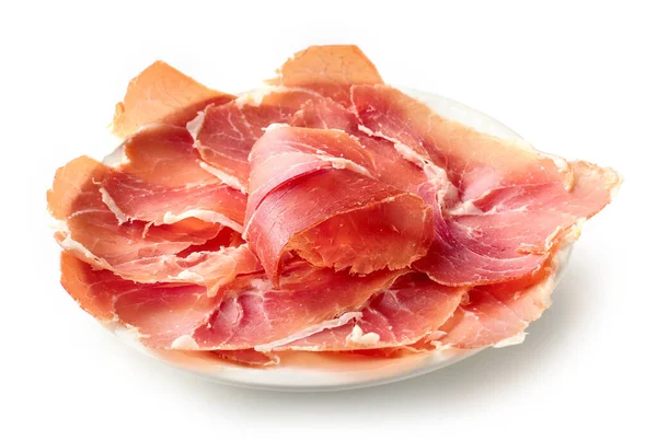 Plate Sliced Spanish Iberico Ham Isolated White Background — Stock Photo, Image