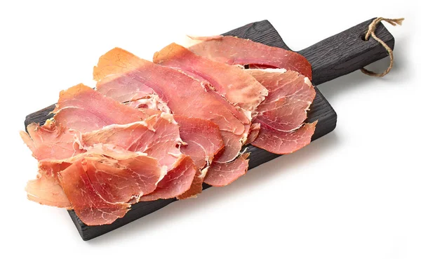 Sliced Spanish Iberico Ham Wooden Cutting Board Isolated White Background — Stock Photo, Image