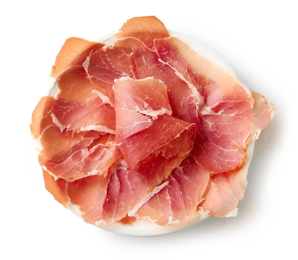 Plate Sliced Spanish Iberico Ham Isolated White Background Top View — Stock Photo, Image