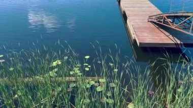 Mavi nehri ve tahta köprüsü olan güzel bir manzara.