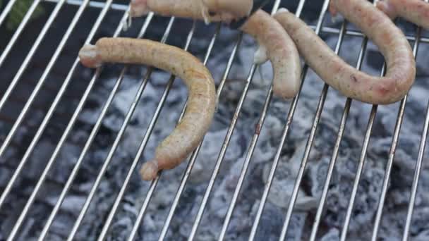 Grillwürste Werden Auf Einem Heißen Grill Gegrillt Picknick Hotdogs Zuzubereiten — Stockvideo