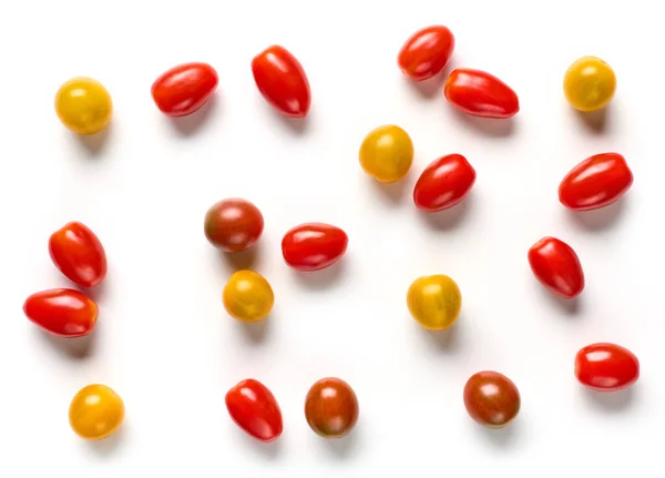 Vários Tomates Pequenos Coloridos Isolados Fundo Branco Vista Superior — Fotografia de Stock