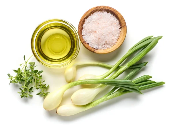 Flat Lay Composition Oil Salt Herbs Isolated White Background Top — Stock Photo, Image